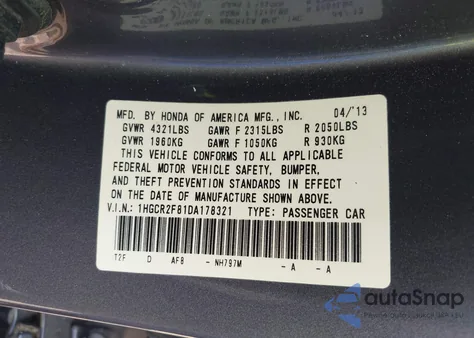 2013 Honda Accord Exl z USA, uszkodzony, nr VIN 1HGCR2F81DA178321